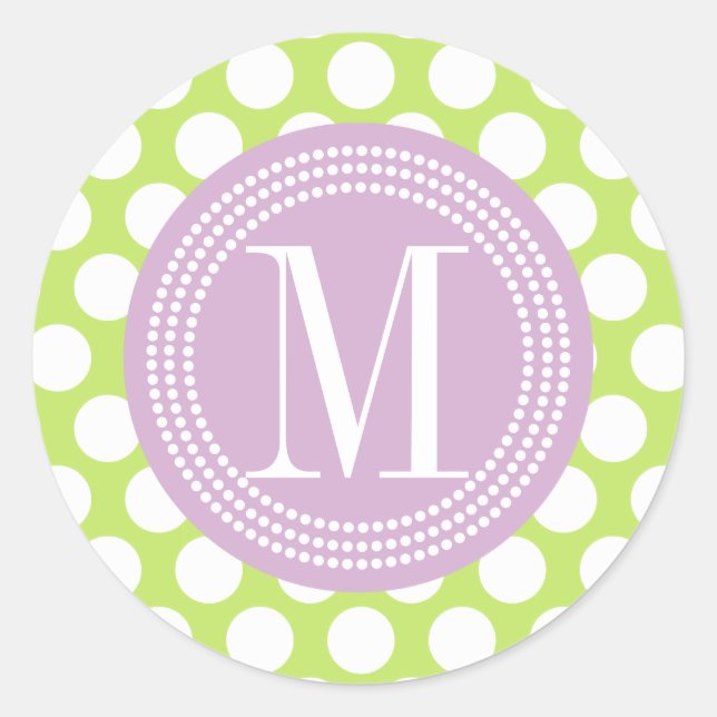 Sticker Rond Vert & Lavande Gros Pois Monogramme (Devant)