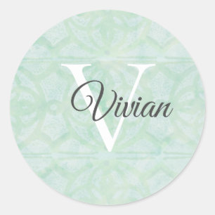Sticker Rond Vert Menthe Douce Avec Nom De Monogramme Blanc