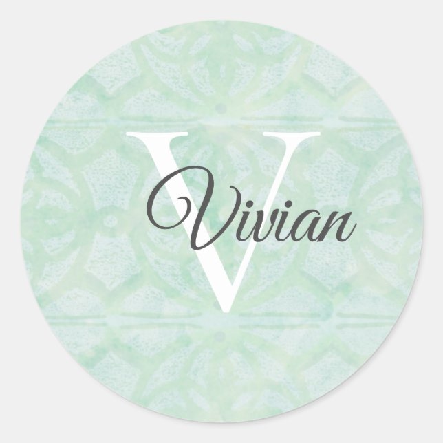Sticker Rond Vert Menthe Douce Avec Nom De Monogramme Blanc (Devant)