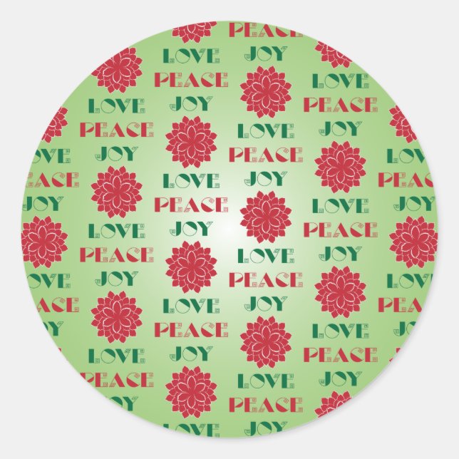 Sticker Rond Vert moderne et rouge Amour, Paix, Joie citation (Devant)