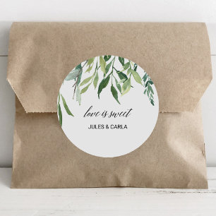 Sticker Rond Vert moderne Foliage Love is Sweet Mariage