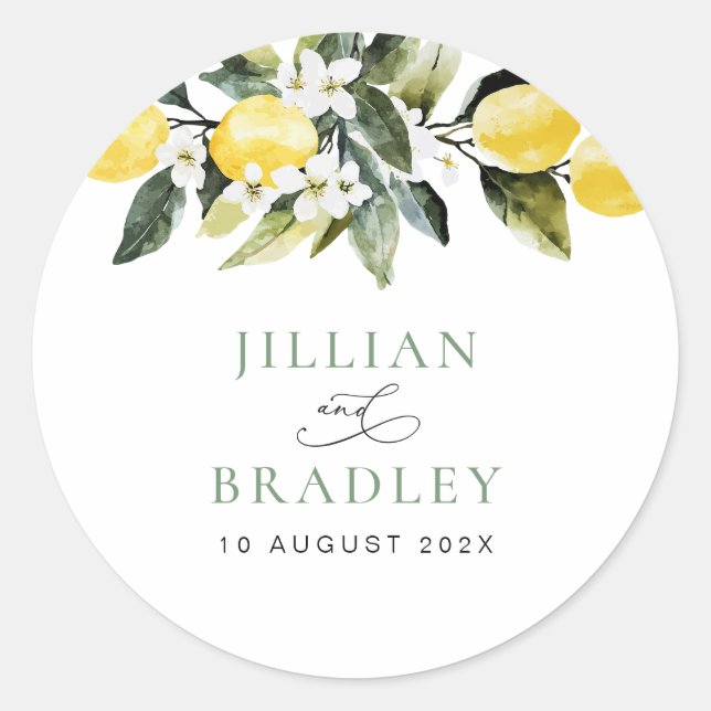 Sticker Rond Vert moderne Mariage de fleurs de citron (Devant)