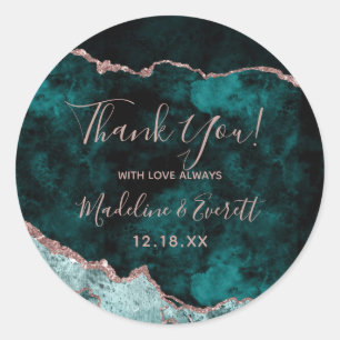 Sticker Rond Vert paon et rose or feuille d'agate Merci
