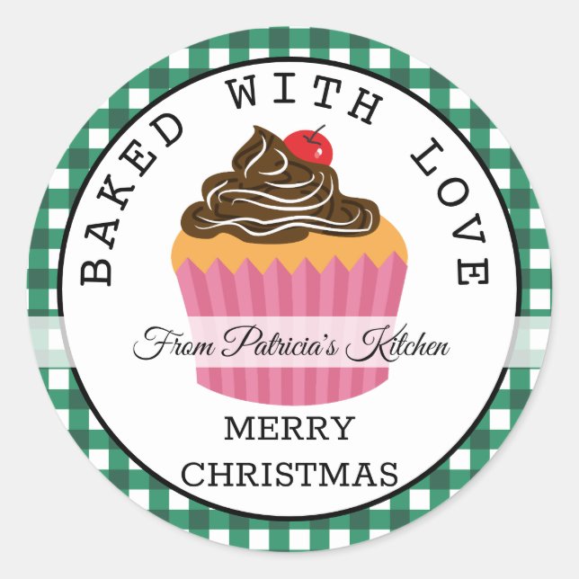 Sticker Rond Vert Plaid Cuit Avec Des Cupcakes De Noël Amoureux (Devant)