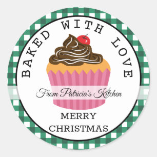 Sticker Rond Vert Plaid Cuit Avec Des Cupcakes De Noël Amoureux