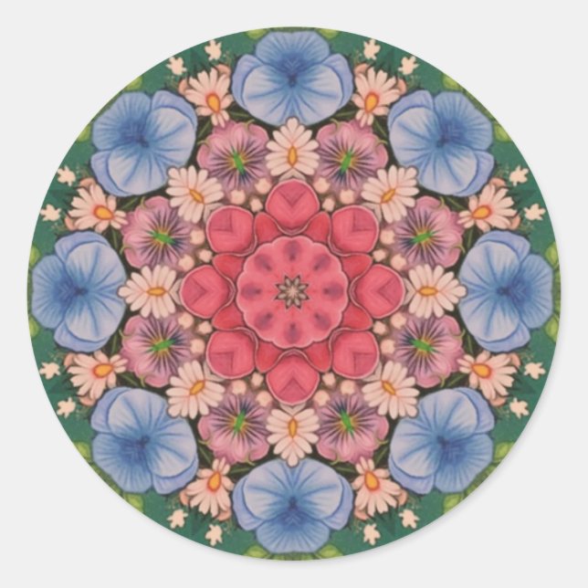Sticker Rond ~ Vert rose jaune bleu kaléidoscope 3D ~ (Devant)