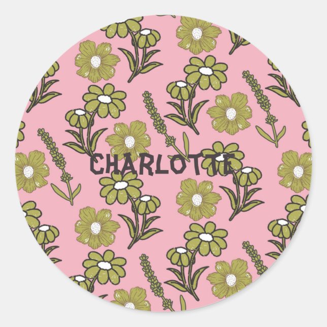 Sticker Rond Vert rose rétro Y2K Funky Hippie Flower Motif (Devant)