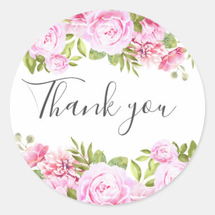 Sticker Rond Vert rose vif Merci floral