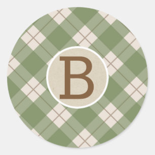 Sticker Rond Vert Rouge Rustique Campagne Carreaux Kraft Monogr