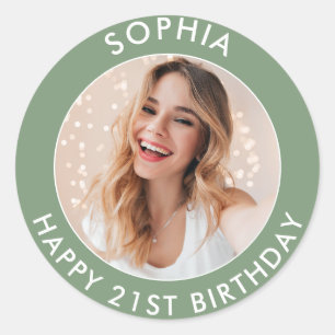 Sticker Rond Vert sauge Moderne Simple Joyeux 21e Anniversaire 