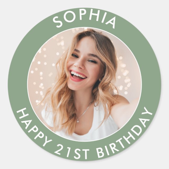 Sticker Rond Vert sauge Moderne Simple Joyeux 21e Anniversaire  (Devant)