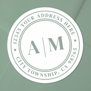 Sticker Rond Vert Sauge Monogramme Adresse de Retour