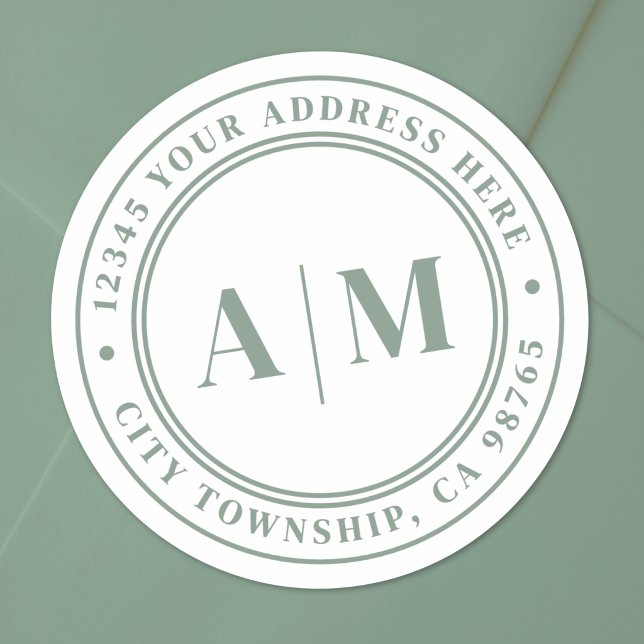 Sticker Rond Vert Sauge Monogramme Adresse de Retour (Sage Green Monogram Return Address Classic Round Sticker)