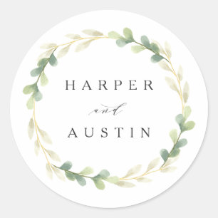 Sticker Rond Verte Foliage Wreath aquarelle Mariage botanique