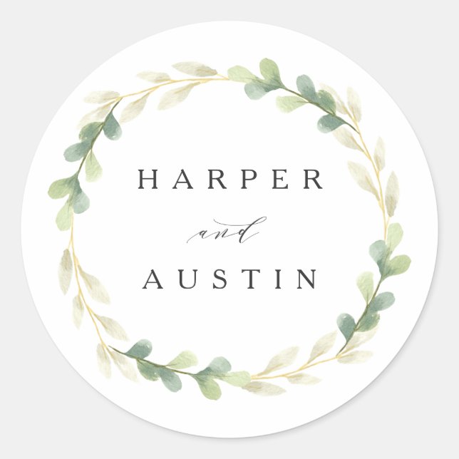 Sticker Rond Verte Foliage Wreath aquarelle Mariage botanique (Devant)