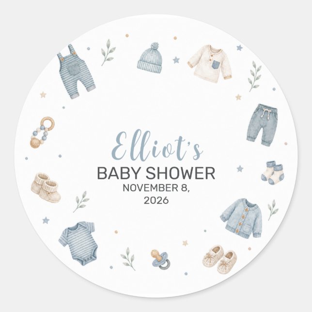 Sticker Rond Vêtements de bébé bleu boho Baby Shower (Devant)