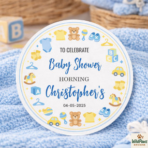 Sticker Rond Vêtements et Jouets pour Bébé Garçon Baby Shower A