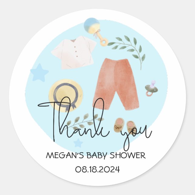 Sticker Rond Vêtements simples mignons Baby shower bleu Merci (Devant)