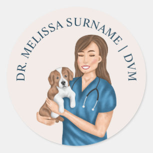 Sticker Rond Vétérinaire Animal Doctor Vet Femme Avec Chiot