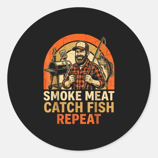 Sticker Rond Viande fumée attraper poisson répéter barbecue pap (Devant)