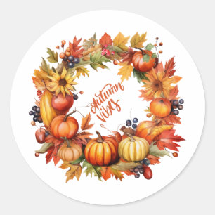 Sticker Rond Vibes d'automne Colorée Citrouille et Berry Wreath