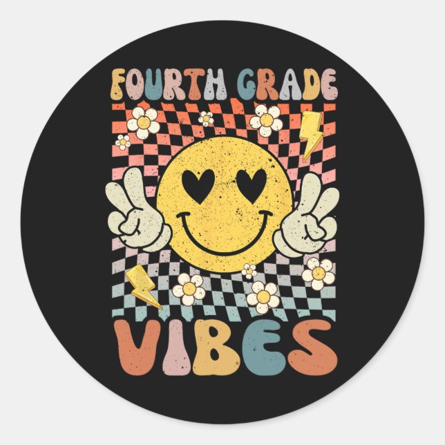 Sticker Rond Vibes de 4e année Retro Enseignant 1er jour de Sch (Devant)