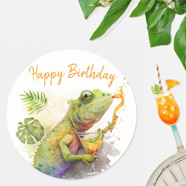 Sticker Rond Vibes d'été Aquarelle Chameleon - Joyeux anniversa (Créateur téléchargé)