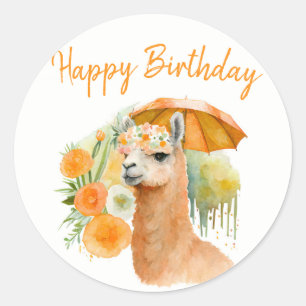Sticker Rond Vibes d'été aquarelle Llama - Joyeux anniversaire