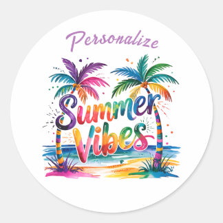 Sticker Rond Vibes d'été Palmiers colorés Océan Personnaliser