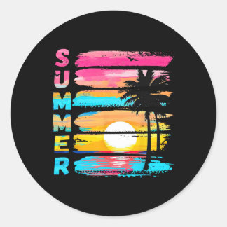 Sticker Rond Vibes d'été Rétro Plage Coucher de soleil Palmier