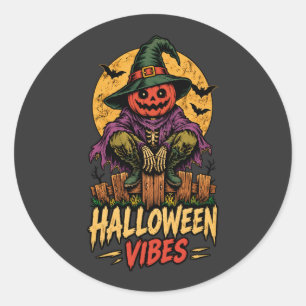 Sticker Rond Vibes d'Halloween Épouvantail Citrouille Chapeau d