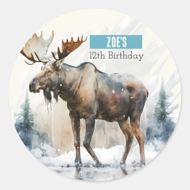 Sticker Rond Vibes d'hiver Aquarelle Moose - fête d'anniversair (Devant)