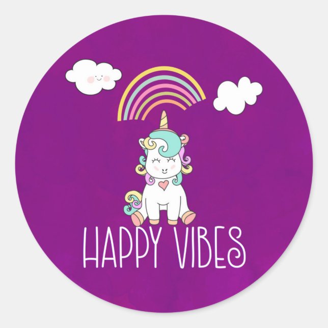 Sticker Rond Vibes Joyeuses Cute Smiling Unicorn (Devant)