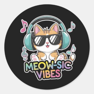 Sticker Rond Vibes Meow-sic - Cute Music Chat avec casque