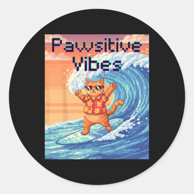 Sticker Rond Vibes Positives Chat Surfant - Vague d'Art Pixel (Devant)