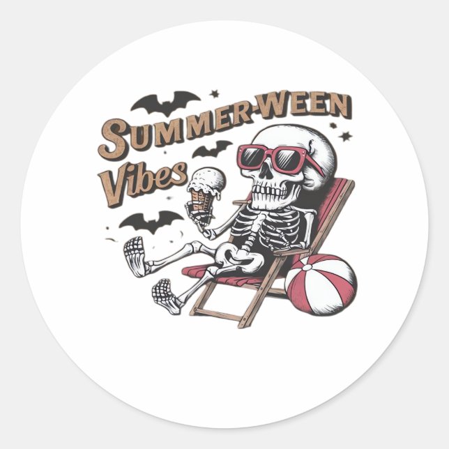Sticker Rond Vibes Sumerween Joyeux Squelette Crème Glacée Été  (Devant)