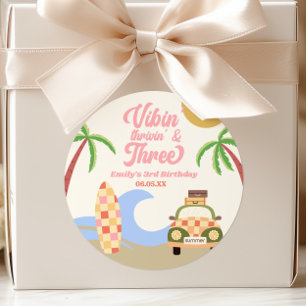 Sticker Rond Vibin' & Three Surf Board Rose 3ème Anniversaire