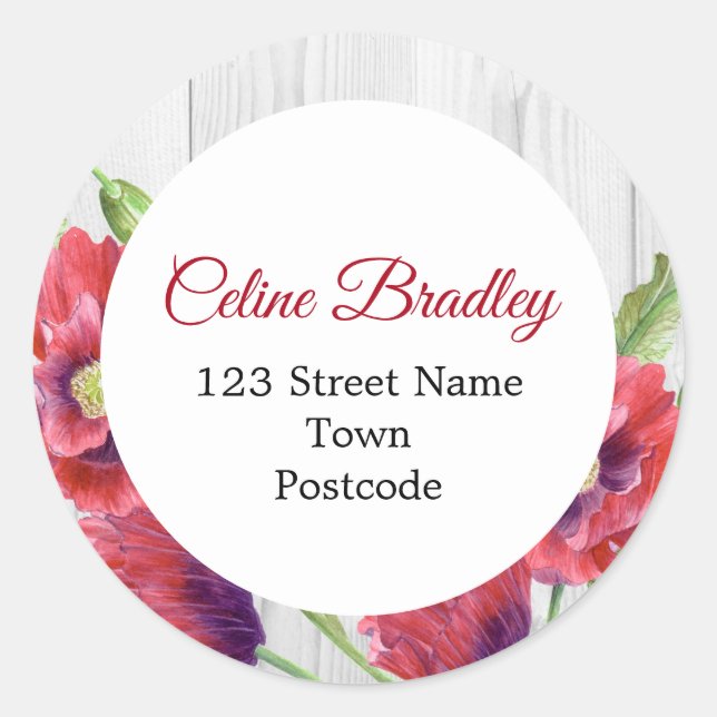 Sticker Rond Vibrant Aquarelle Rouge Poppies Russe Adresse (Devant)