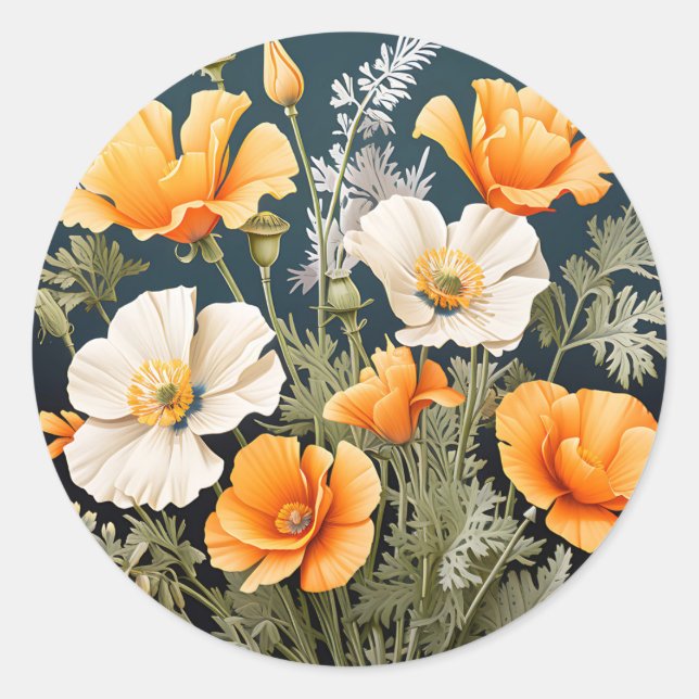 Sticker Rond Vibrant California Poppy Botanical (Devant)