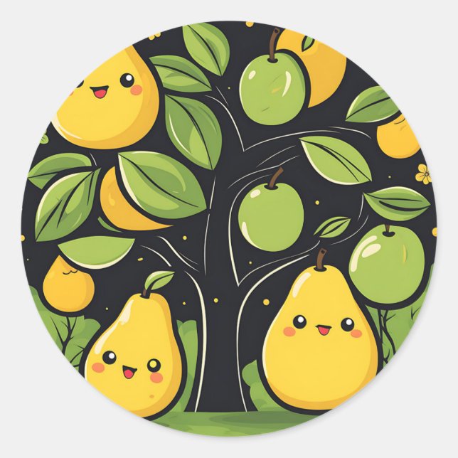 Sticker Rond Vibrant Cute Fruit Poire Et Arbre (Devant)