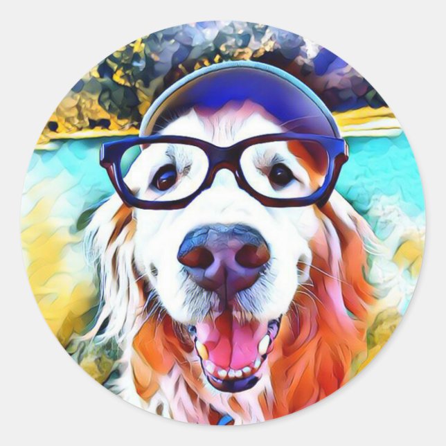 Sticker Rond Vibrant Golden Retriever Nerd lunettes Peinture (Devant)