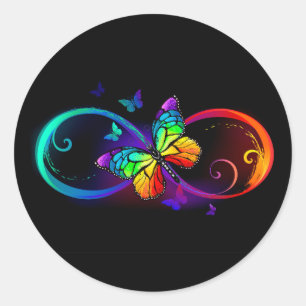 Sticker Rond Vibrant infinity with rainbow butterfly on black