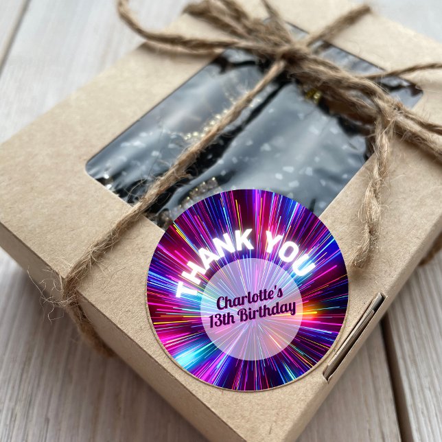 Sticker Rond Vibrant néon rétro brillant rose violet Merci (Créateur téléchargé)