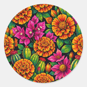 Sticker Rond Vibrant Orange Magenta Souci Cactus Tropical 