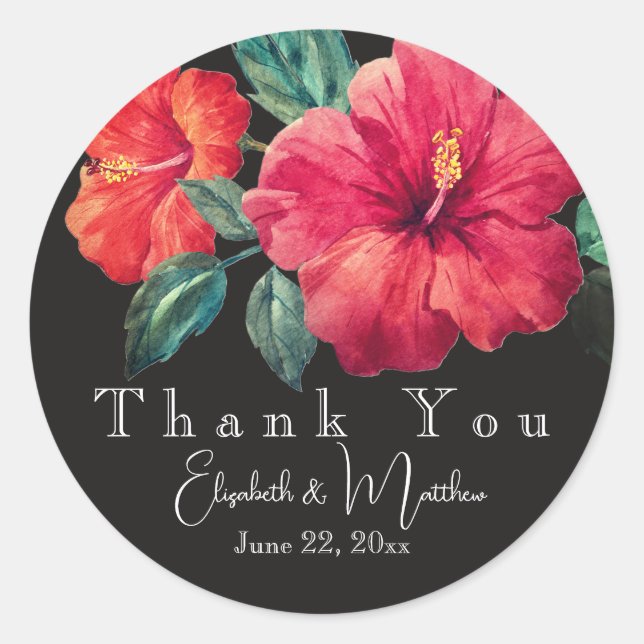 Sticker Rond Vibrant Red Hibiscus Elegant Black/White Thank You (Devant)
