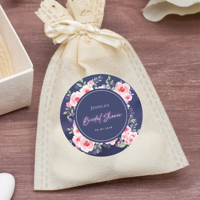 Sticker Rond Vibrant Rose et Violet Floral Néon Shower de Marié (Créateur téléchargé)