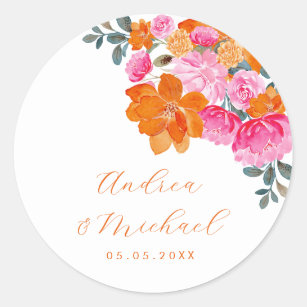 Sticker Rond Vibrant Rose Orange Floral Été Mariage personnalis