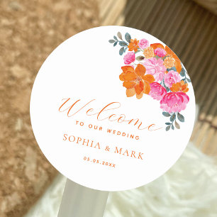 Sticker Rond Vibrant rose orange Floral Mariage d'été Bienvenue
