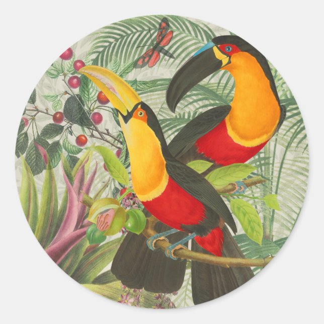 Sticker Rond Vibrant Tropical Toucan Birds Art Exotic Jungle (Devant)
