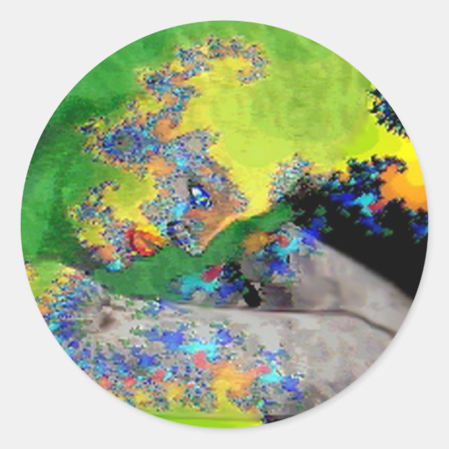 STICKER ROND VIBRATION DE MATTER, FRACTAL WOMAN IN GREEN YELLOW (Devant)